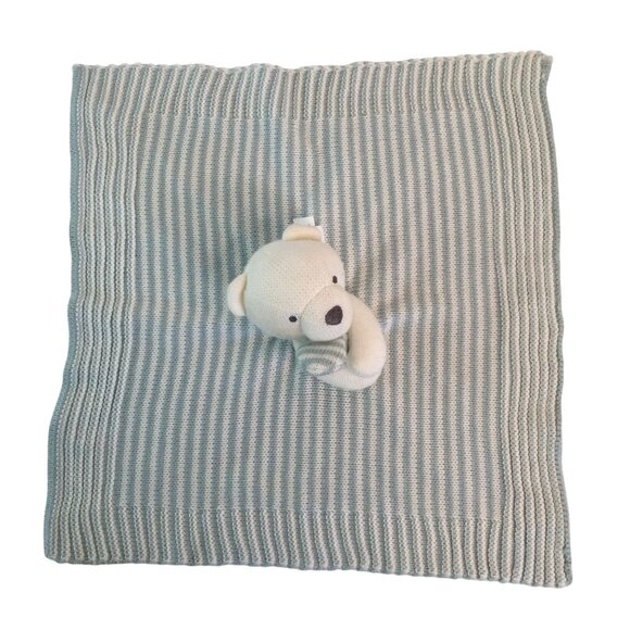 Carters Knit Teddy Bear Lovey 14" Blue White Stripes Baby Security Blanket - Picture 3 of 6